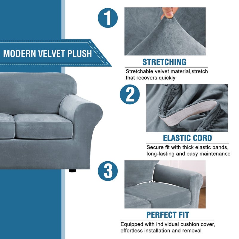 H.VERSAILTEX Modern Velvet Plush 4 Piece High Stretch Sofa Slipcover Sofa Cover Furniture Protector Form Fit Luxury Thick Velvet Sofa Cover for 3 Cushion Couch Width Up to 90 Inch (Sofa,Stone Blue) - Image 3